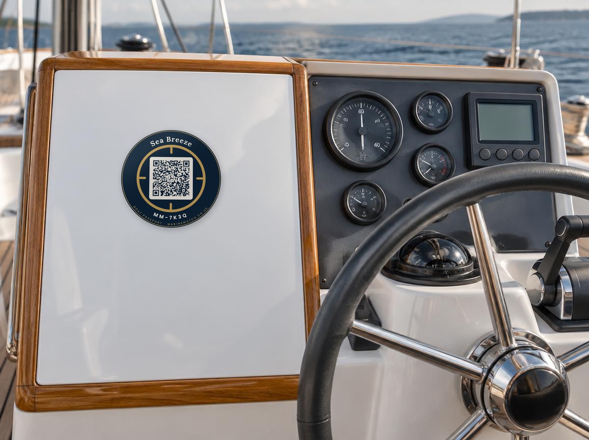 Boat Passport sticker fitted on a yacht helm beside the instruments
